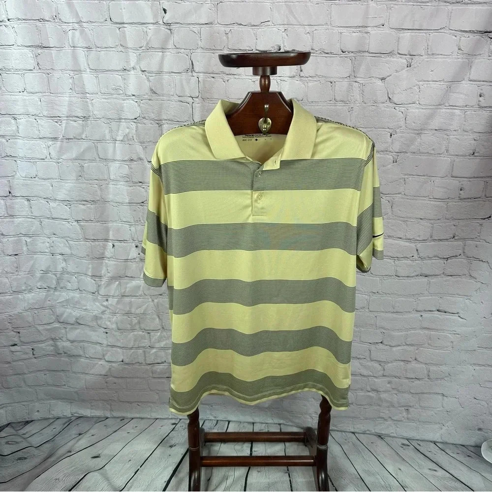 Nike golf dri-fit striped Polo Shirt size large khaki and black